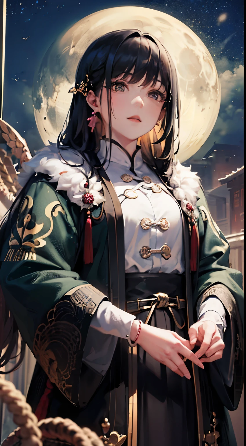 Masterpiece, Excellent, Outdoor, Night, Full Moon, Lakeside, Branches, 1 Man, Mature Male, Chinese Style, Ancient Chinese, Black Hair, Black Eyes, Long Split Hair, Long Bangs, Handsome, Handsome, Masculine, Gentle, Tall, Calm, Black and Gold Mixed Dragon Pattern Prince, A Sword, Delicate Facial Display --auto --s2
