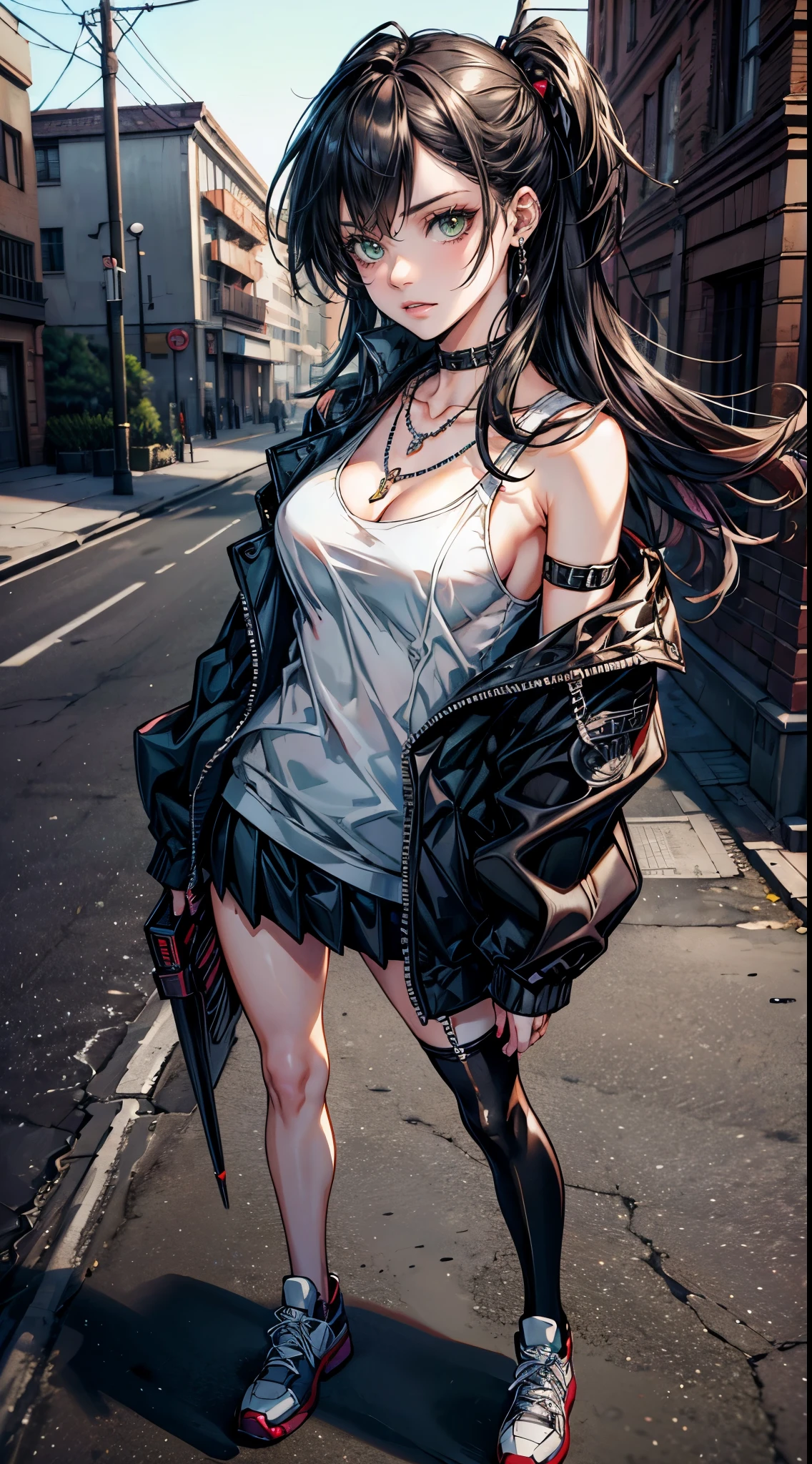 (masterpiece, best quality, highres, ultra-detailed), 1woman, long wave black hair, green eyes, handsome, detailed eyes and face, perfect body, bare collarbones, chain necklace, city slums background, oblique bangs, small breasts, short  gray skirt, white blouse, black blazer, Shoes, white kneesocks, red armband, Katana in hand, street, Strict look, chav, by amano Akira , reborn