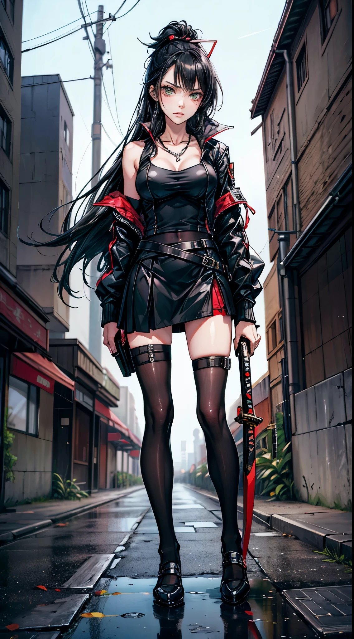 (masterpiece, best quality, highres, ultra-detailed), 1woman, long wave black hair, green eyes, handsome, detailed eyes and face, perfect body, bare collarbones, chain necklace, city slums background, oblique bangs, small breasts, short  gray skirt, white blouse, black blazer, Shoes, white kneesocks, red armband, Katana in hand, street, Strict look, chav, by amano Akira , reborn