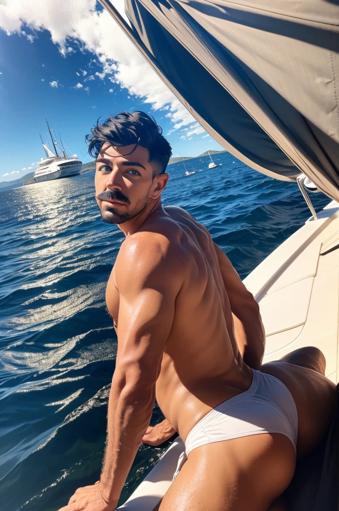 faaris azura, on the front of a huge yacht, doing a photoshoot