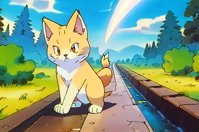 A very fluffy, white cat with orangs ears and orange tail. He has lightning coming off his tail. drawn like and electric type Pokémon. The background is a forest path.