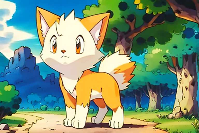 A very fluffy, white cat with orangs ears and orange tail. He has lightning coming off his tail. drawn like and electric type Pokémon. The background is a forest path.