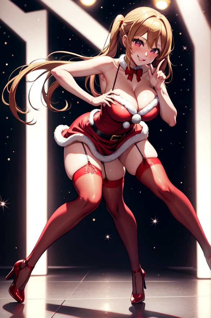anime, beautiful face, highly detailed face, 2 accurate legs, detailed eyes, highly detailed background, perfect lighting, accurate arms, accurate hands, accurate fingers, full body, 1girl, solo, ruby hoshino, oshi no ko, female santa, sexy santa outfit, heels, thighhighs, garter stockings, absurdres, high res, ultrasharp, 8K, masterpiece, looking at viewer (sexy pose:1.4), (full body:1.4), Christmas concert, Christmas idol, performing, on stage, dancing, smiling with compassion, mouth open smile, full of delight, blushed, cleavage, breast, leaning_forward, sntdrs