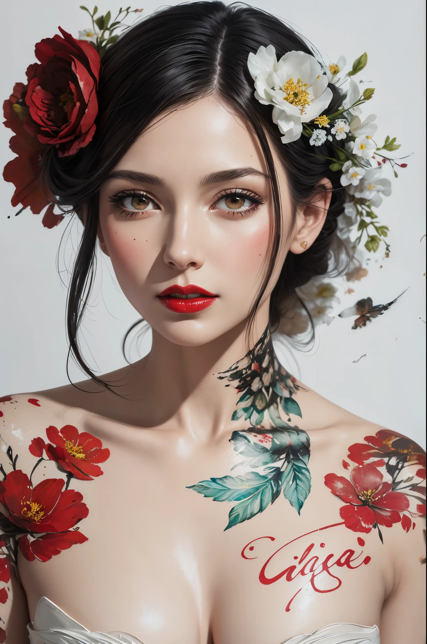 mixed media, oil painting, pen and ink, alcohol ink, white background, perfect double exposure technique, hyperdetailed, intricate, elegant lady, red lips, flowers, Callygraphy, lettering, script, thick Brushstrokes, palette-knife, smudge, splashes and splatters