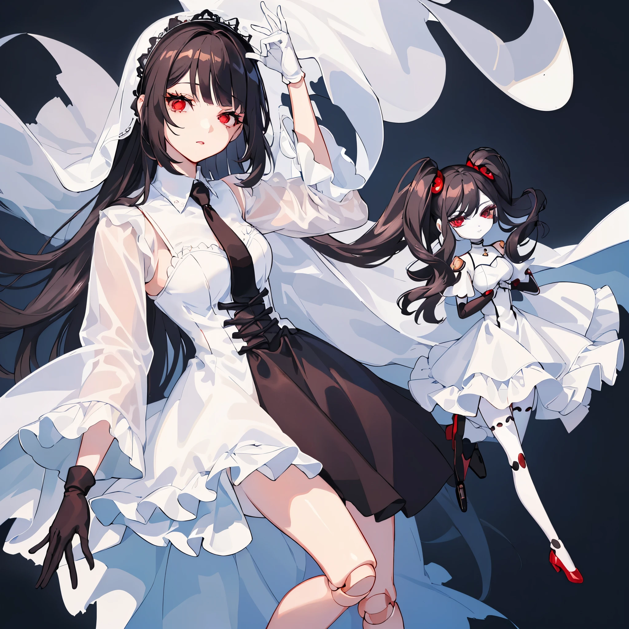 (8k, best quality, tmasterpiece:1.2),\(eye detailed\),\(Facial features\),(\(Clothes detail details\)\),(1 girl:1.3),(solo),full body,(black hair:1.1),(red eyes:1.1),(Long eyelashes:1.1).(puppet body:1.3),doll,doll joint,(Doll girl:1.2),Long white silk gloves,White dancing shoes,white dress.arms wide,suspended in the background