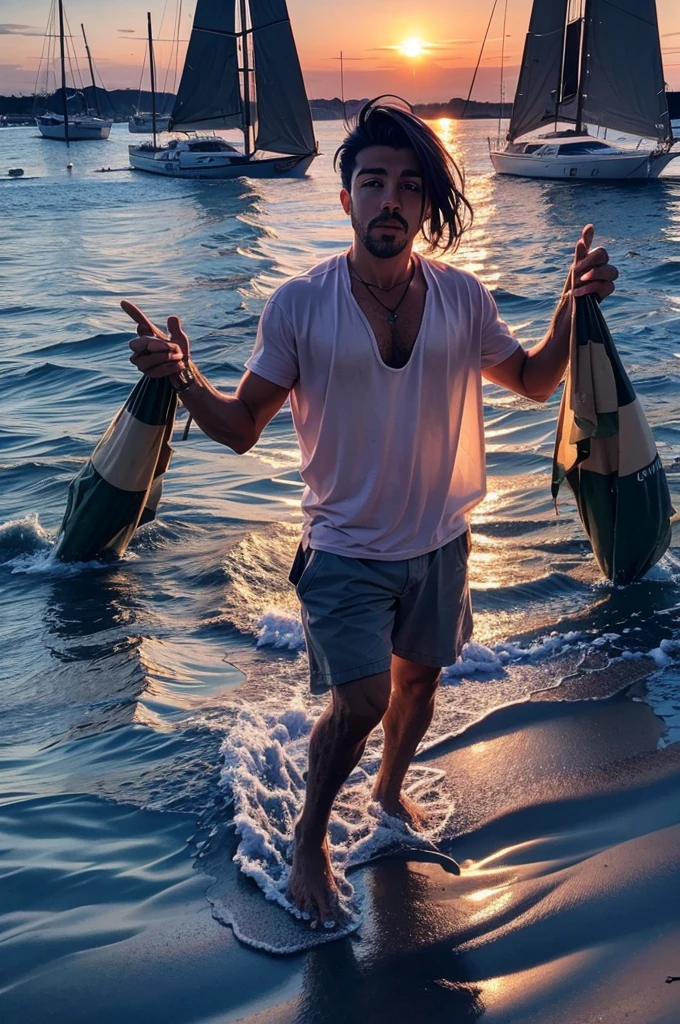 faaris azura, on the front of a huge yacht, doing a photoshoot, pink skies, sunset, baby pink sky