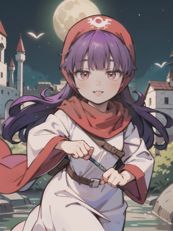 ((((DQ2 Moonberg Princess)))), ((1little girl)), solo, 13yo, (((deep purple hair))), ((Blunt bangs)), (Fluffy long hair), (Deep red eyes), ((((red hood)))), (Lotto emblem on the hood), (((purple red stole))), Pearl earrings, (((White robe with red edging))), ((drooing eyes)), Holding a magic wand in his left hand,
((By the river)), Crescent Moon, release ice ball magic from both hands., Ruined castle,
photographrealistic, Sense of depth, Absurd resolution, High resolution, 8K, 4K, detail, Best Quality, (Raw photo, Best Quality, masters:1.2), (Realistic, Photorealsitic:1.37), ultra-detailliert,
Smile, Looking at the camera, full-face blush, (running), (Looking forward), Full body shot,