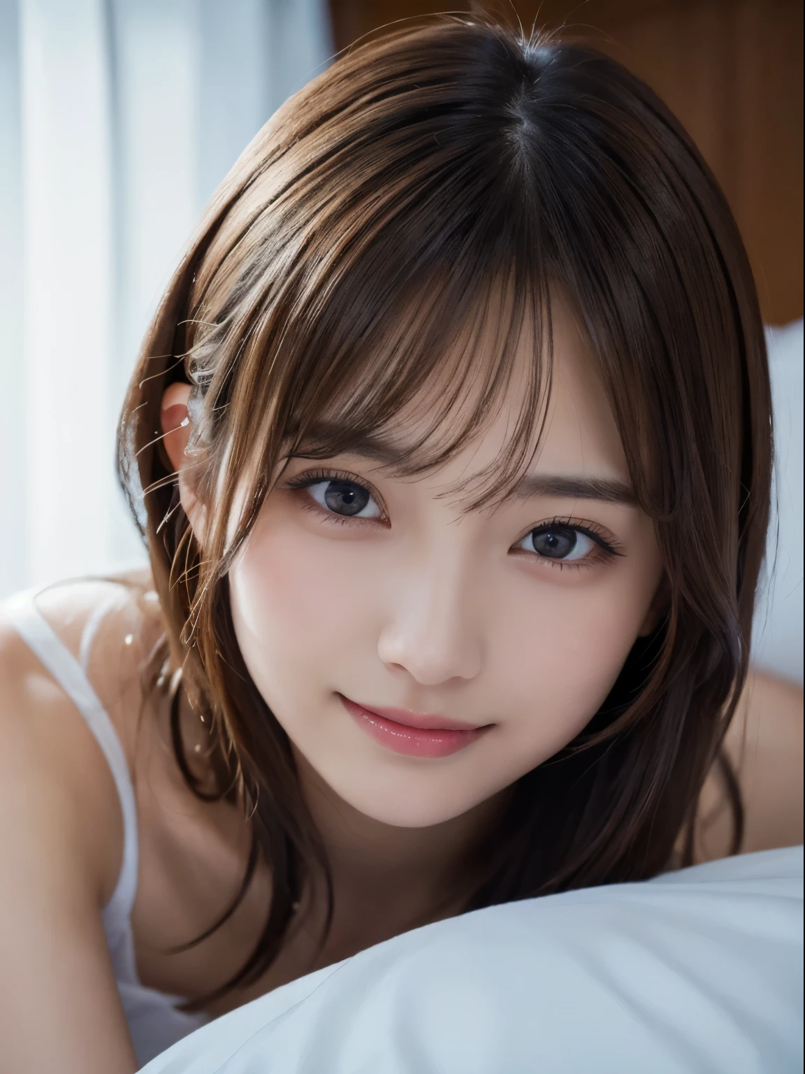 (Raw photo, Best Quality), (Realistic, Photorealsitic:1.4), masutepiece, extremely delicate and beautiful, Extremely detailed, 8k wallpaper, amazing, finely detail, extremely detailed CG Unity, hight resolution, Body Towel、1 japanese girl,(Close up portrait of woman lying in bed:1.5)、The upper part of the body、Soft light, beautiful detailed women、25-years old, extremely detailed eye and face, beautiful detailed nose, Beautiful detailed eyes,Cinematic lighting,Perfect Anatomy,Glamour,Smiling  (hair messy, asymmetrical bangs, light brown hair,)