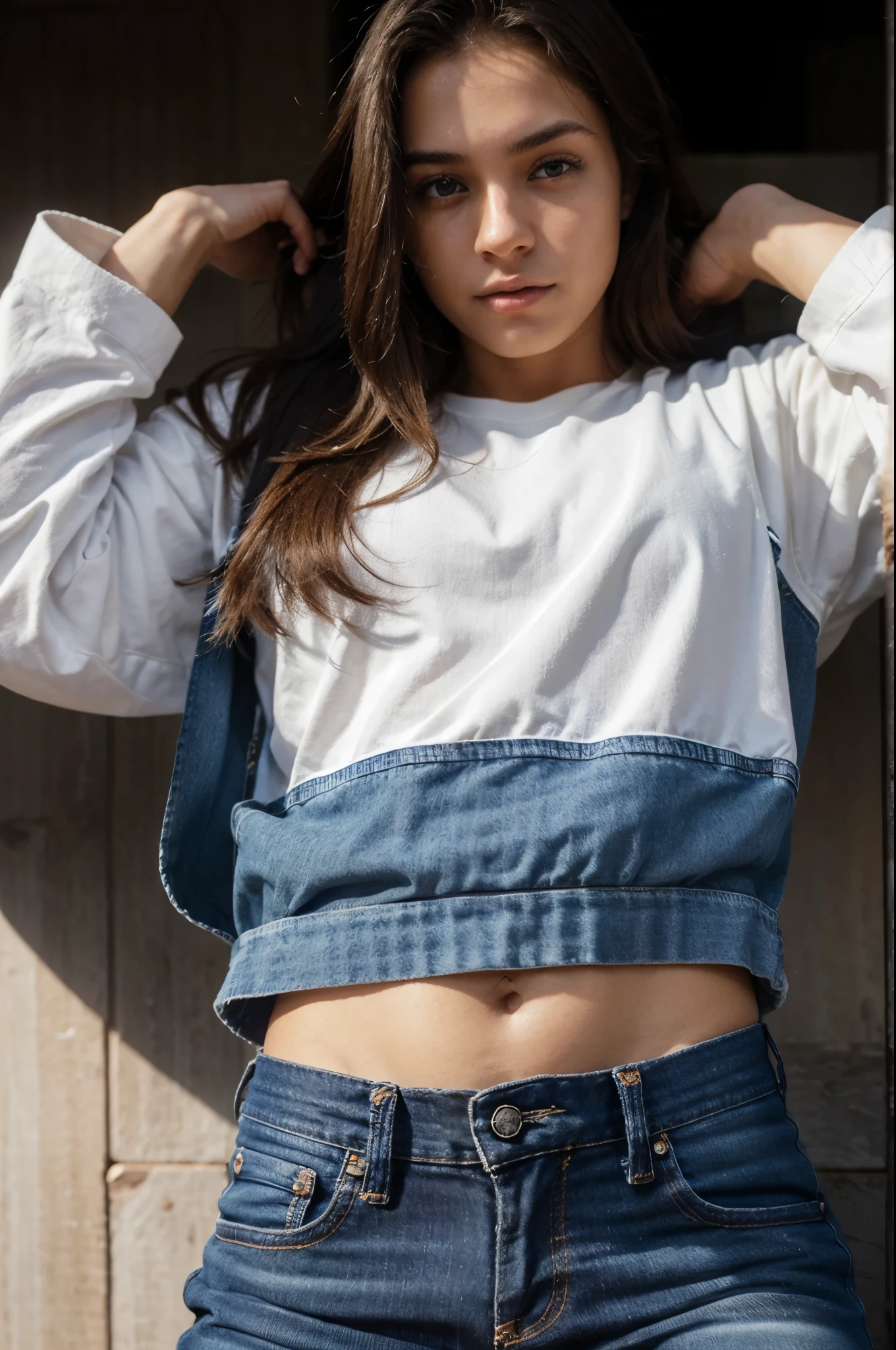 Joven mujer con frio al aire libre, attractive young woman of 21 years, retrato, By the chestnut, professional photography of young woman, sin maquillaje, maquillaje natural, looking directly at the camera, How to scam Artgram, maquillaje fino, Impresionante tiro lejano, mirada penetrante, beautiful and elegant angle, pose atractiva, Sweet girl, pose de poder y seguridad, imagen de la mesa a la cabeza, Disparo del otro lado de la mesa, Diosa morena, Alto detalle, Postura satisfecha y segura, Pantalones y tacones de marcas exclusivas de alta gama sin logo..
