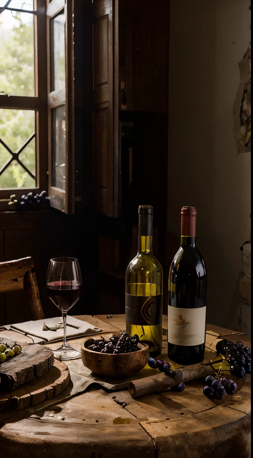 studio, Photography concept for black table, smokes, Old logs, Several bunches of grapes, Grape leaves, centered around a glass of wine,There were a few bottles of wine next to it, Light comes in from the left, Bright surroundings