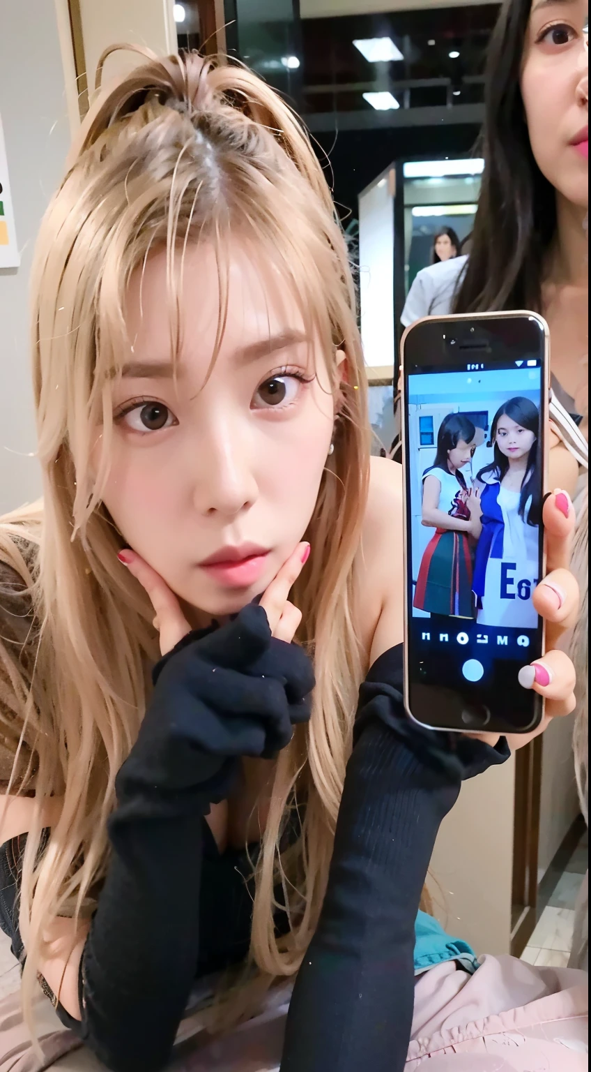 There is a woman taking a photo with her cell phone, Lalisa Manobal, lalisa manoban of rosa negro, jossi of rosa negro, roseanne park of rosa negro, Bae Suzy, El Corte Hime, long hair con flequillo completo, rosa negro, 8k selfie photograph, ulzzang, photo session, Pelo largo con flequillo, con flequillo completo