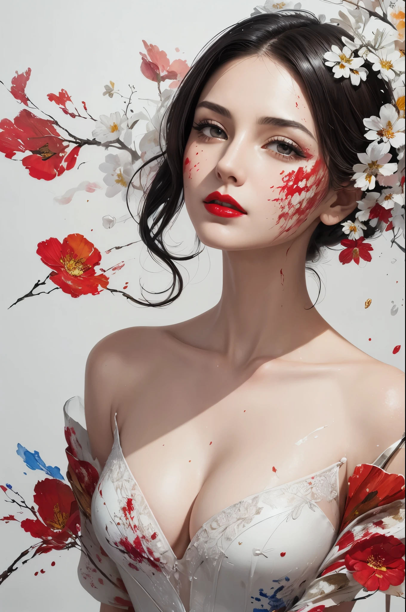 mixed media, oil painting, pen and ink, alcohol ink, white background, perfect double exposure technique, hyperdetailed, intricate, elegant lady, red lips, flowers, Callygraphy, lettering, script, thick Brushstrokes, palette-knife, smudge, splashes and splatters
