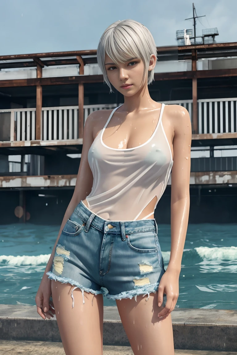 Wet Tia is shown to have a fairly slender figure. She has white-grey hair , she has short hair and large pale green eyes. wearing a very torn transparent wet shirt and torn very short denim shorts Very heavy rain Realistic sunken city Super quality