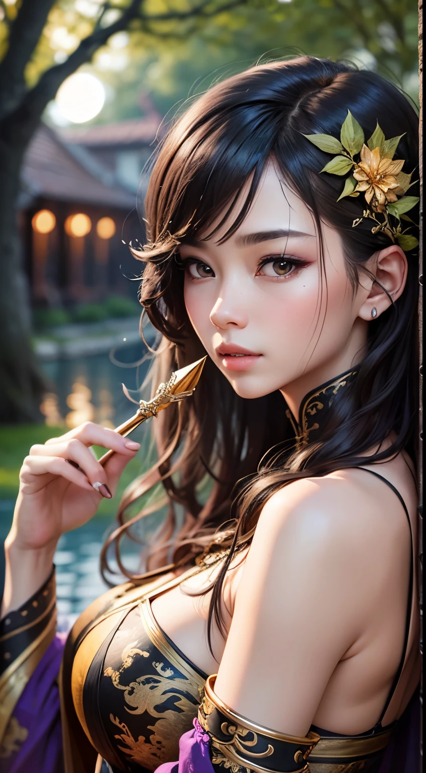 masterpiece, excellent, outside of house, natta, fullmoon, by lake, branch, 1male people, mature woman and man, Chinese style, Ancient Chinese, A dark-haired, Black eye, long split hair, long bangs, a handsome, a handsome, male, gentle, tall, calm, black and gold mixed dragon pattern prince, The sword, Delicate facial display --auto --s2