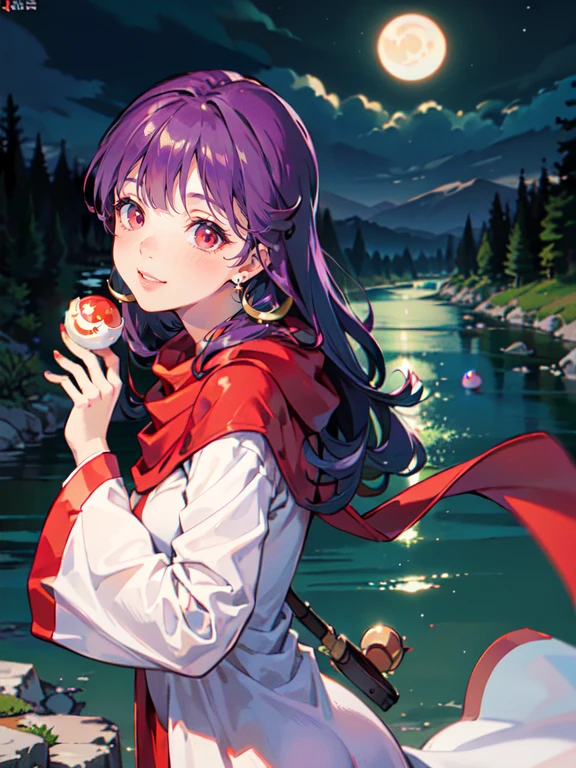 ((((DQ2 Moonberg Princess)))), ((1little girl)), solo, 13yo, (((deep purple hair))), ((Blunt bangs)), (Fluffy long hair), (Deep red eyes), ((((red hood)))), (Lotto emblem on the hood), (((purple red stole))), Pearl earrings, (((White robe with red edging))), ((drooing eyes)), Holding a magic wand in his left hand, 

((By the river)), Crescent Moon, release ice ball magic from both hands., Ruined castle,
photographrealistic, Sense of depth, Absurd resolution, High resolution, 8K, 4K, detail, Best Quality, (Raw photo, Best Quality, masters:1.2), (Realistic, Photorealsitic:1.37), ultra-detailliert,
Smile, Looking at the camera, full-face blush, (running), (Looking forward),  Full body shot,