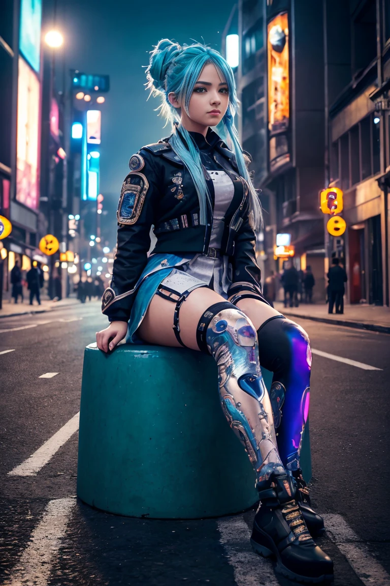extremely detailed CG,UHD wallpaper, Extreme details,(realistic:1.2),(((best quality))), ((ultra-detailed)), (cute detailed face:1.2), {{highly detailed face}},beautiful and aesthetic,1girl,(masterpiece:1.4),glowing skin,strong rim light,dramatic shadows, intense shadows, SIGMA 35mm F1.4, ISO 200 Shutter Speed 2000,Photorealism,{photorealistic}, photogenic,Illustration, Girl, detailed manga illustration, finely detailed,HIGH RES,Stunning art,{{intricate detail}},(((beautiful detailed lighting))),beautiful detailed colorful eyes, dynamic fuzziness, intricate light, detailed clothes, rouge,full-length photograph,cyberpunk,Cyborg,sci-fi,city,cyberpunk busy city street,airship,fluorescence,
hair up,hair over one eye,iridescent color hair,blue hair, beautifull eyes,raised eyebrow,school uniform,hair ornament, (full body:1.5), (sit on the road:1.2), sfw, wide open legs, dynamic pose