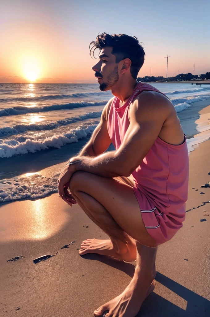 8k male 20 year old Handsome white bodybuilder by the beach in only a pink loincloth