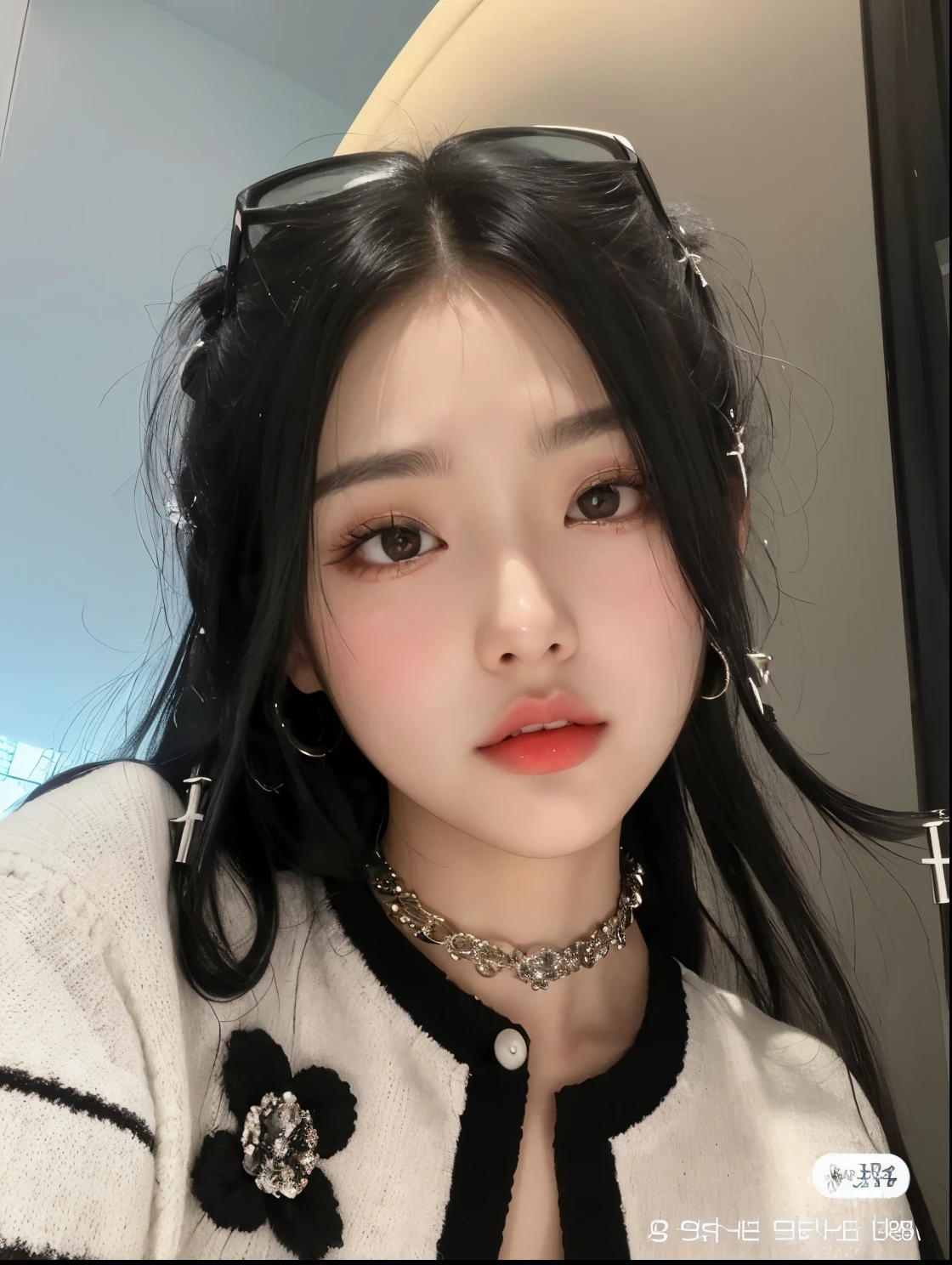 a close up of a woman with a black hair and a white sweater, cruel korean goth girl, ulzzang, korean girl, popular south korean makeup, popular korean makeup, young adorable korean face, beautiful south korean woman, korean face features, gorgeous young korean woman, wan adorable korean face, south east asian with round face, beautiful young korean woman