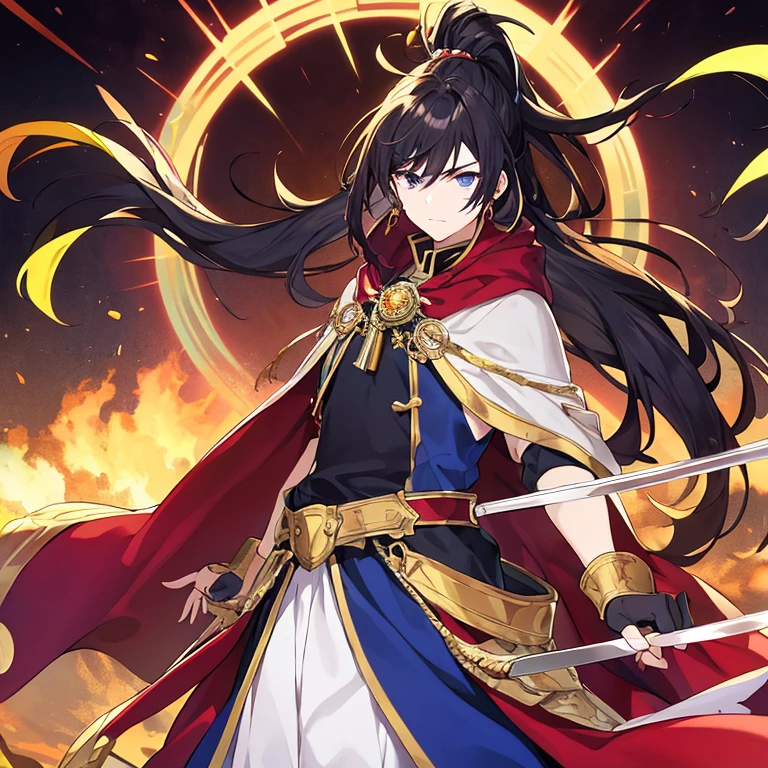 Character expressions: solemn expressions, eyebrows locked, eyes staring ahead, revealing a majestic aura.

Hairstyle and color: dark medium hair, medium part, back combed into a ponytail, hair slightly stained with sweat.

Clothing style and color: a golden armor,  atmosphere, inlaid with various jewels, bright colors, showing wealth and authority, a silver-rimmed red cape tied around the waist, fluttering in the wind, set off its heroic image.

Accessories on the figure: wearing a helmet with blue gemstones and a golden sword inlaid with various jewels.

Character Pose: Straighten up, holding a sword in his right hand and resting his left hand on his curved waist, looking straight ahead as if he is watching a crucial battle.

Environment: On a vast plain, surrounded by boundless earth, the sky is clear, the sun is shining, and a big sun is high in the sky.

Hints: Dark Hair, Ponytail, Gold Armor, Set with Jewels, Silver-rimmed Red Cloak, Helmet, Sword, Jewels, Straighten, Key Battle, Vast Plains, Earth, Sunshine, Great Sun.