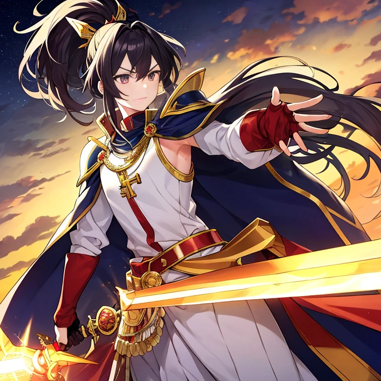 Full Body, Dark blue-haired young girl, blue eyes, angelic body and face, and a red fencer armor with a mini skirt, wield a sword, wear a cloak, shield, and golden circlet, sitting on the throne of red sun, red seraphic wings, burning sun, and flame background scene, the magic circle with a diamond star, innocent smile, stable diffusion v5, anime style v3, lora style v5, dynamic, image enhance, dream shape, vibrant, realistic face, 32k resolution, upscale, sharp focus, best quality, masterpiece, ghostmix, flat color, flat light.