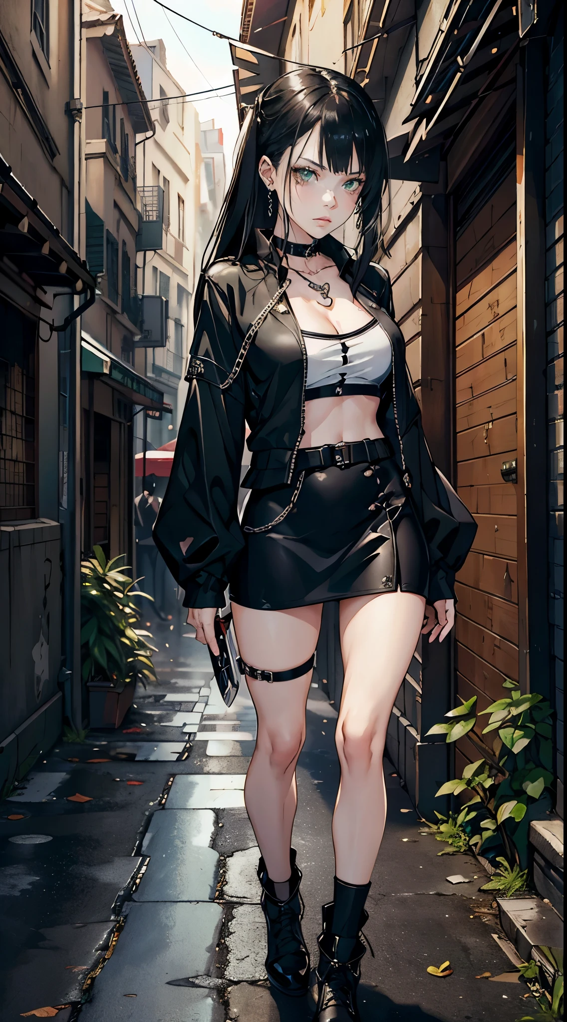 (masterpiece, best quality, highres, ultra-detailed), 1woman, long wave black hair, green eyes, handsome, detailed eyes and face, perfect body, bare collarbones, chain necklace, city slums background, oblique bangs, small breasts, short  gray skirt, white blouse, black blazer, Shoes, white kneesocks, red armband, Katana in hand, street, Strict look, chav, by amano Akira , reborn