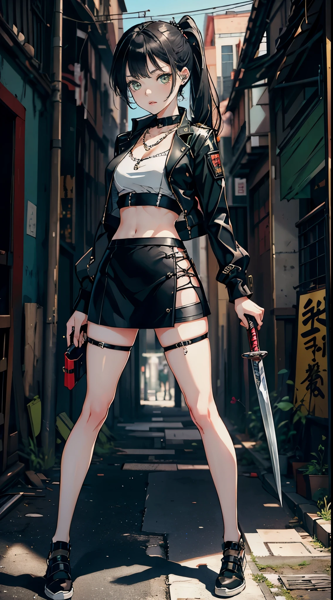 (masterpiece, best quality, highres, ultra-detailed), 1woman, long wave black hair, green eyes, handsome, detailed eyes and face, perfect body, bare collarbones, chain necklace, city slums background, oblique bangs, small breasts, short  gray skirt, white blouse, black blazer, Shoes, white kneesocks, red armband, Katana in hand, street, Strict look, chav, by amano Akira , reborn