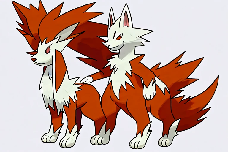 A very fluffy white cat with orangs ears and stripped orange tail. He has static electricity coming off his tail. drawn like and electric type Pokémon. He is very fluffy. he is white. his ears are orange. his tail is orange with stripes. drawn like and electric type Pokémon. The background is a forest path.