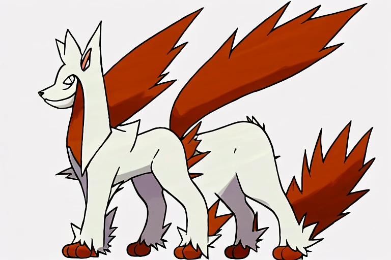 A very fluffy white cat with orangs ears and stripped orange tail. He has static electricity coming off his tail. drawn like and electric type Pokémon. He is very fluffy. he is white. his ears are orange. his tail is orange with stripes. drawn like and electric type Pokémon. The background is a forest path.