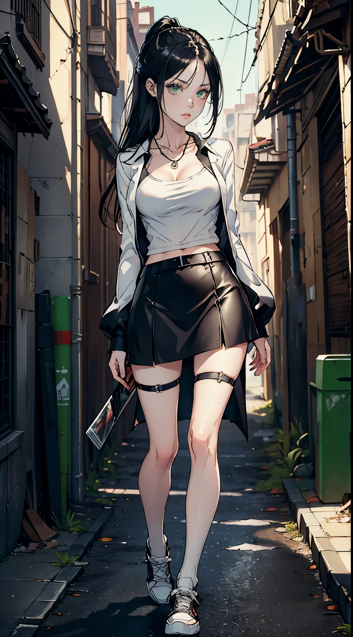 (masterpiece, best quality, highres, ultra-detailed), 1woman, long wave black hair, green eyes, handsome, detailed eyes and face, perfect body, bare collarbones, chain necklace, city slums background, oblique bangs, small breasts, short  gray skirt, white blouse, black blazer, Shoes, white kneesocks, red armband, Katana in hand, street, Strict look, chav, by amano Akira , reborn