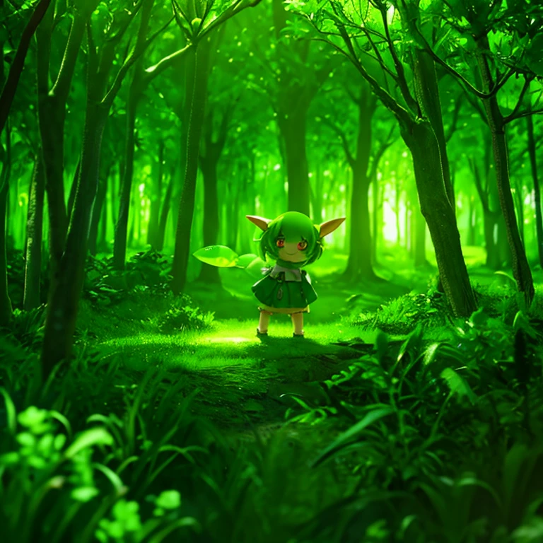Cute goblin green in the magical forest are playing | energetic| high quality| full of light (realistic digital art) (masterpiece) (illumination) fun smile alone
