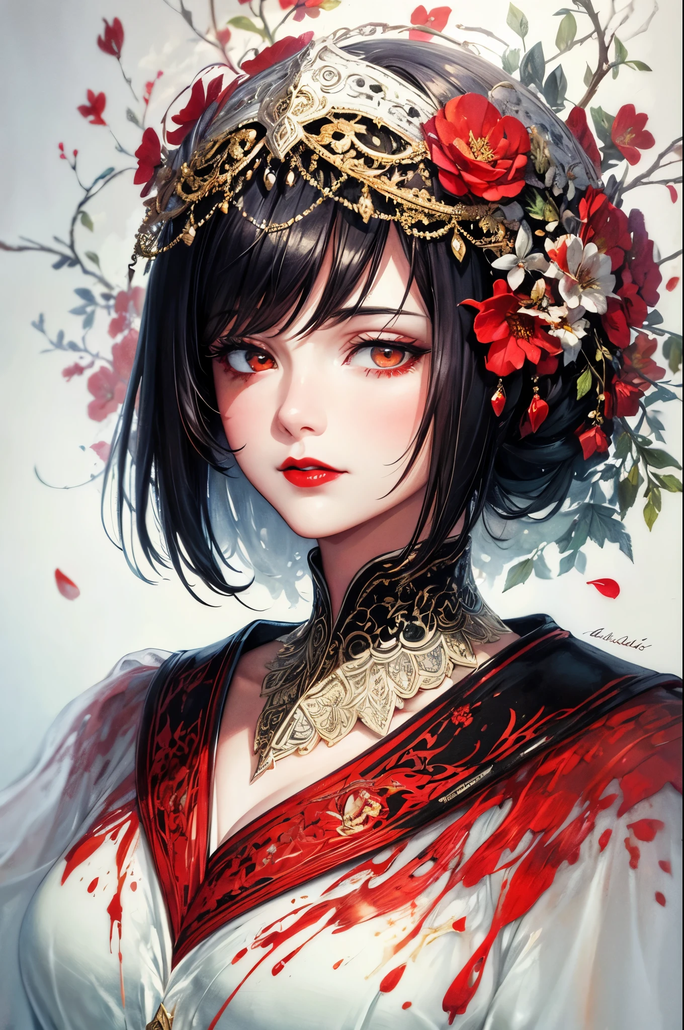 mixed media, oil painting, pen and ink, alcohol ink, white background, perfect double exposure technique, hyperdetailed, intricate, elegant lady, red lips, flowers, Callygraphy, lettering, script, thick Brushstrokes, palette-knife, smudge, splashes and splatters
