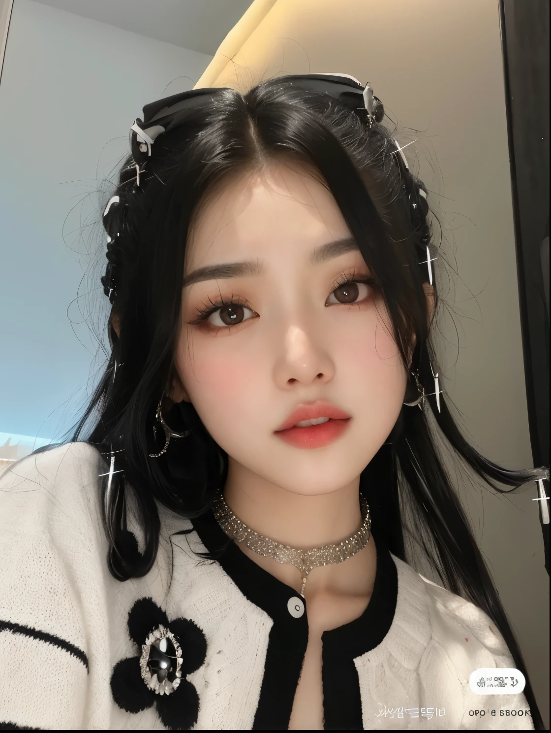 a close up of a woman with a black hair and a white sweater, cruel korean goth girl, ulzzang, korean girl, popular south korean makeup, popular korean makeup, young adorable korean face, beautiful south korean woman, korean face features, gorgeous young korean woman, wan adorable korean face, south east asian with round face, beautiful young korean woman