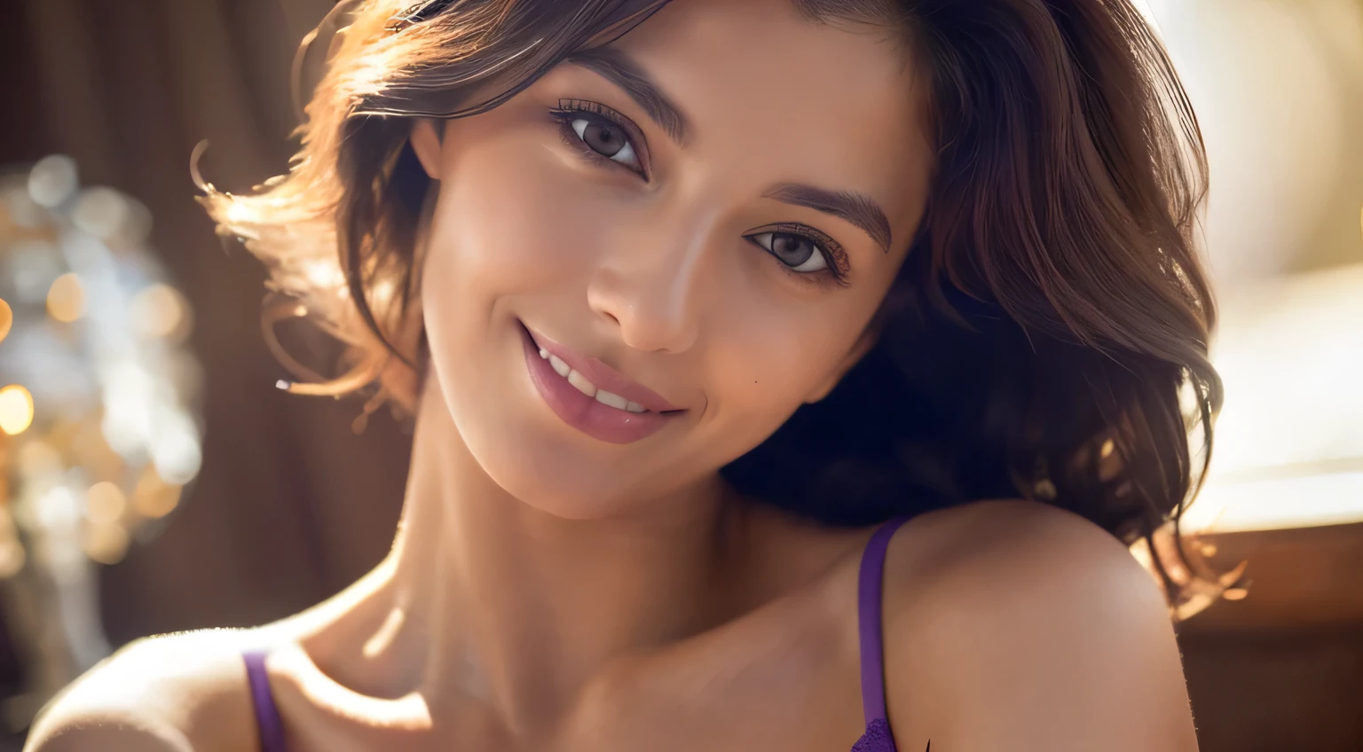 bustshot, strapless purple bra, 1 Girl with a beautiful face, European Beautiful Women, (of the highest quality, masutepiece, 超A high resolution, (Photoreal: 1.4), Soft big, Luxurious interior, Beautiful lighting), Smile, Pose Seductive, Photorealistic, Portrait