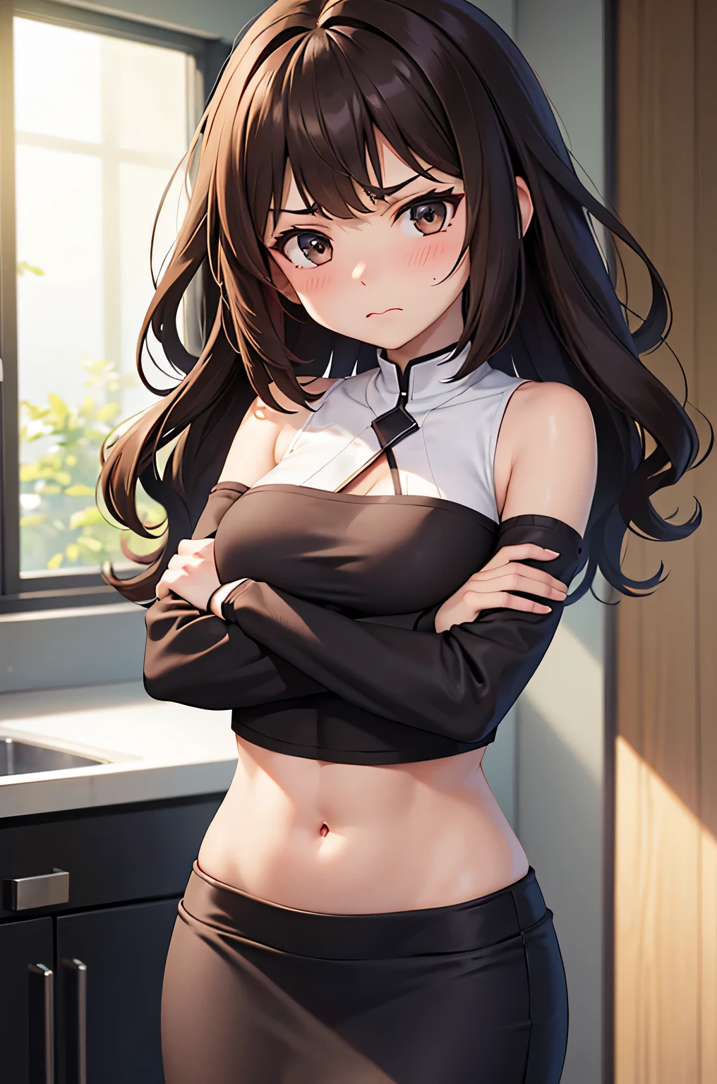 super fine illustration, vibrant colors, masterpiece, sharp focus, best quality, depth of field, cinematic lighting, ultra detailed, black t shirt, long sleeves, MILF, 1 woman, solo, midriff, tummy, belly button, large navel, kitchen, ceiling, close up, looking down, medium breasts, curly hair, long hair, jeans, pearl necklace, makeup, dark brown hair, blushing, angry, low angle