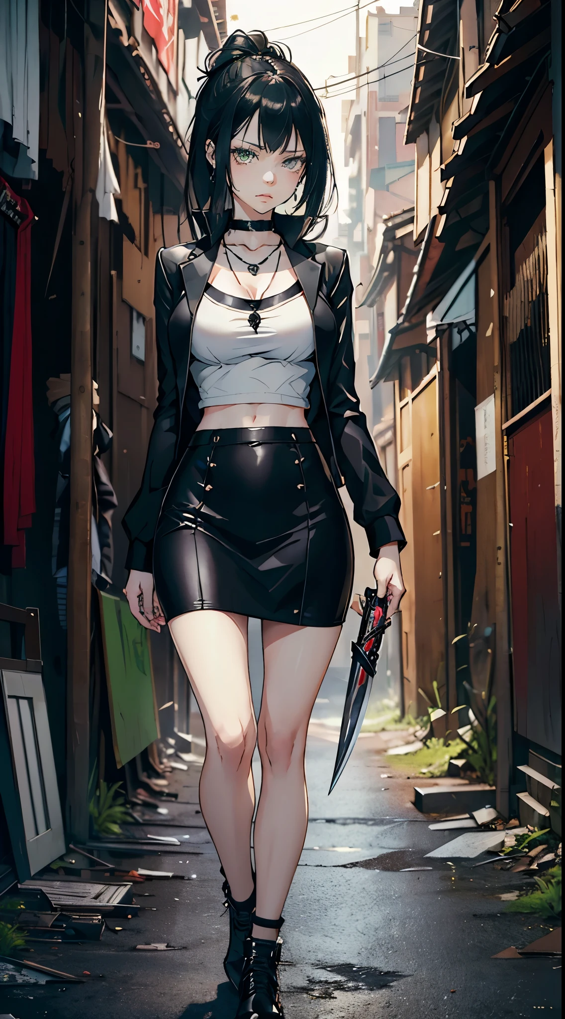 (masterpiece, best quality, highres, ultra-detailed), 1woman, long wave black hair, green eyes, handsome, detailed eyes and face, perfect body, bare collarbones, chain necklace, city slums background, oblique bangs, small breasts, short  gray skirt, white blouse, black blazer, Shoes, white kneesocks, red armband, Katana in hand, street, Strict look, chav, by amano Akira , reborn