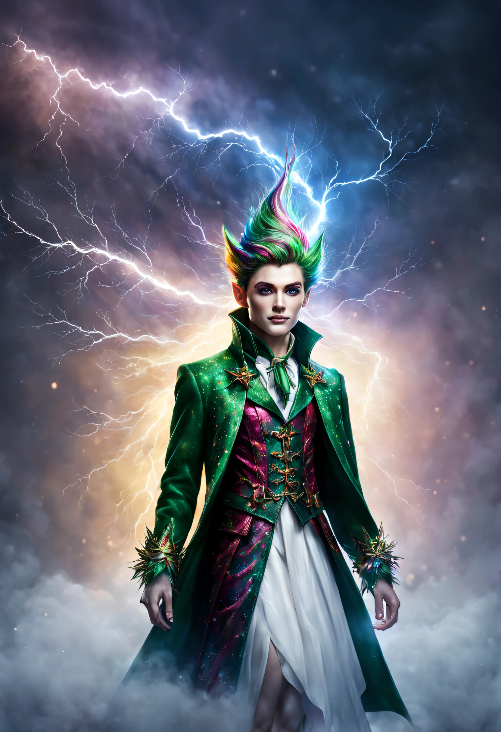 A beautiful realistic magestic christmas elf with a coat made of a magnificent storm with lightning, It's textured and beautiful with lot of multicolored flying multicolored dust