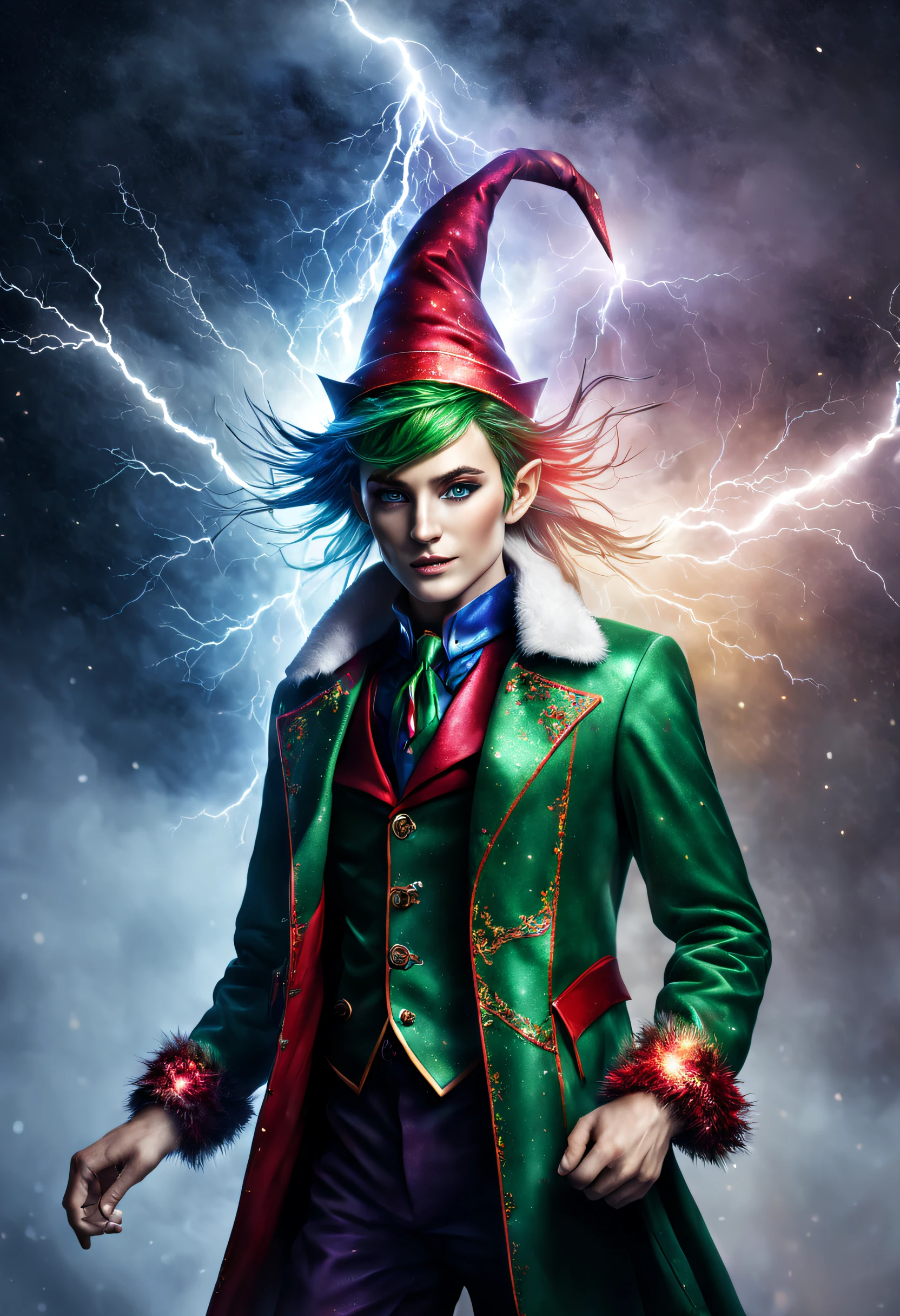A beautiful realistic magestic christmas elf with a coat made of a magnificent storm with lightning, It's textured and beautiful with lot of multicolored flying multicolored dust
