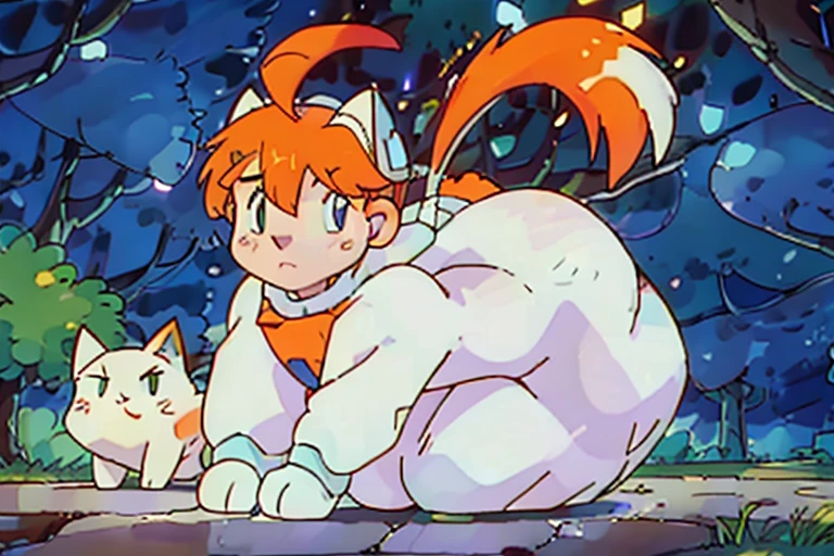 A very fluffy white cat with orangs ears and stripped orange tail. He has static electricity coming off his tail. drawn like and electric type Pokémon. He is very fluffy. he is white. his ears are orange. his tail is orange with stripes. drawn like and electric type Pokémon. The background is a forest path.