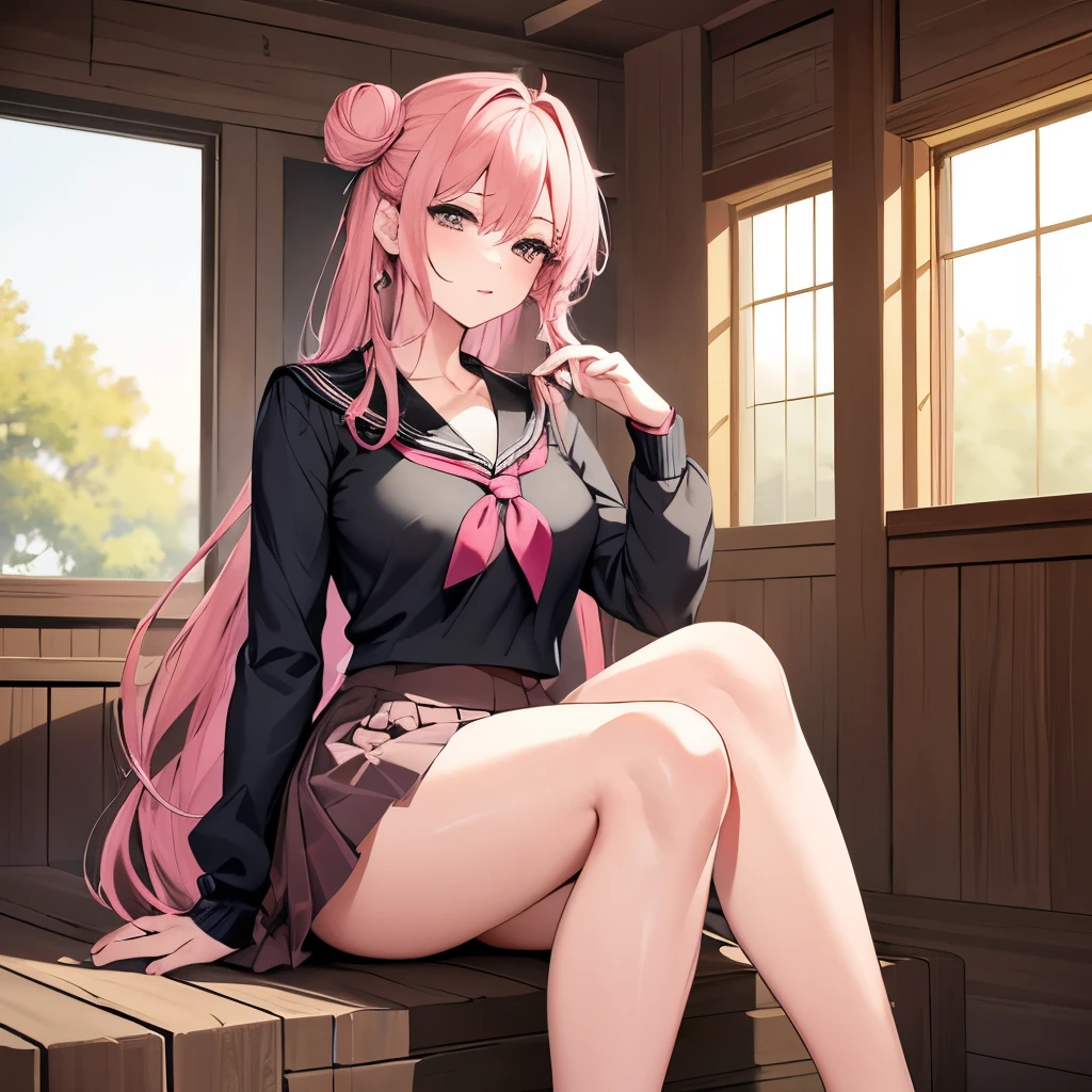 ((best quality)),((masterpiece)),((strikingly beautiful mature_female)),1girl, solo, high quality, masterpiece, skinny, mature, fair skin, pink hair bun, black sailor uniform, pink kilt, long hair