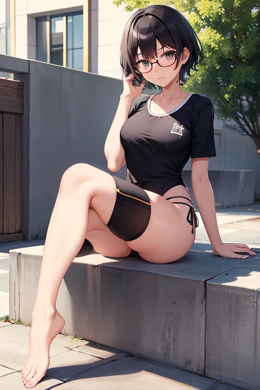 anime style, (((full body))), 1 girl , (school swimwear), (beautiful face), detailed beautiful skin, black hair, short hair,glasses