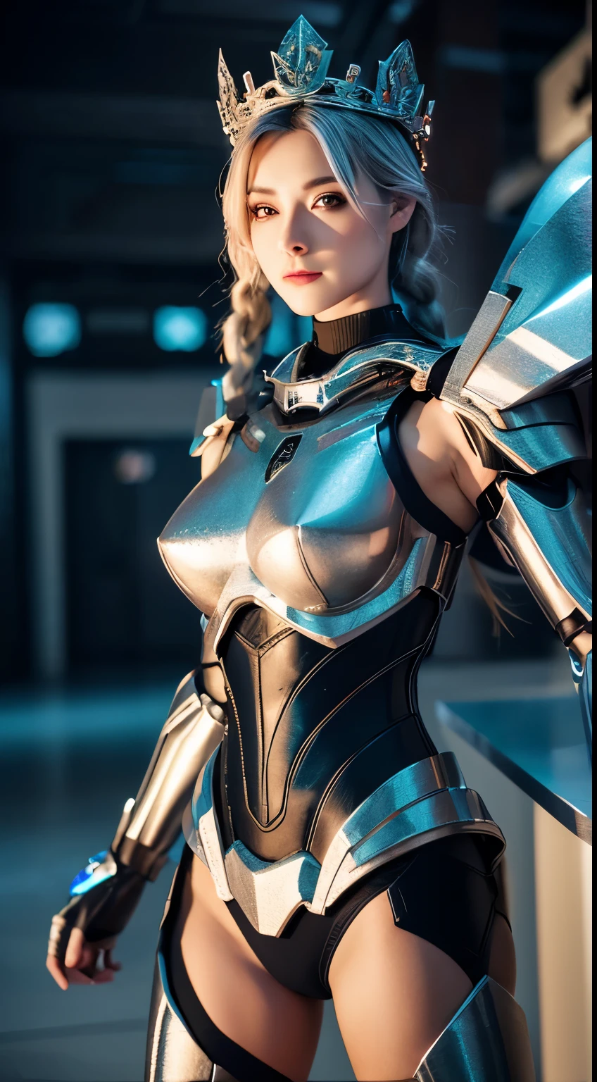 (Best Quality)), ((Masterpiece)), (Very Detailed: 1.3), 3D, master chef-mecha, Beautiful cyberpunk woman wearing crown, with master chef style armor, sci-fi technology, HDR (High Dynamic Range), ray tracing, nvidia RTX, super resolution, unreal 5, subsurface scattering, PBR texture, post-processing, anisotropic filtering, depth of field, maximum sharpness and sharpness, multi-layer texture, Specular and albedo mapping, surface shading,  accurate simulation of light-material interactions, perfect proportions, octane rendering, duotone lighting, low ISO, red balance, rule of thirds, wide aperture, 8K RAW, high efficiency subpixels, subpixel convolution, light particles, light scattering, Tyndall effect, very sexy, full body, battle pose, silver hair with braids,