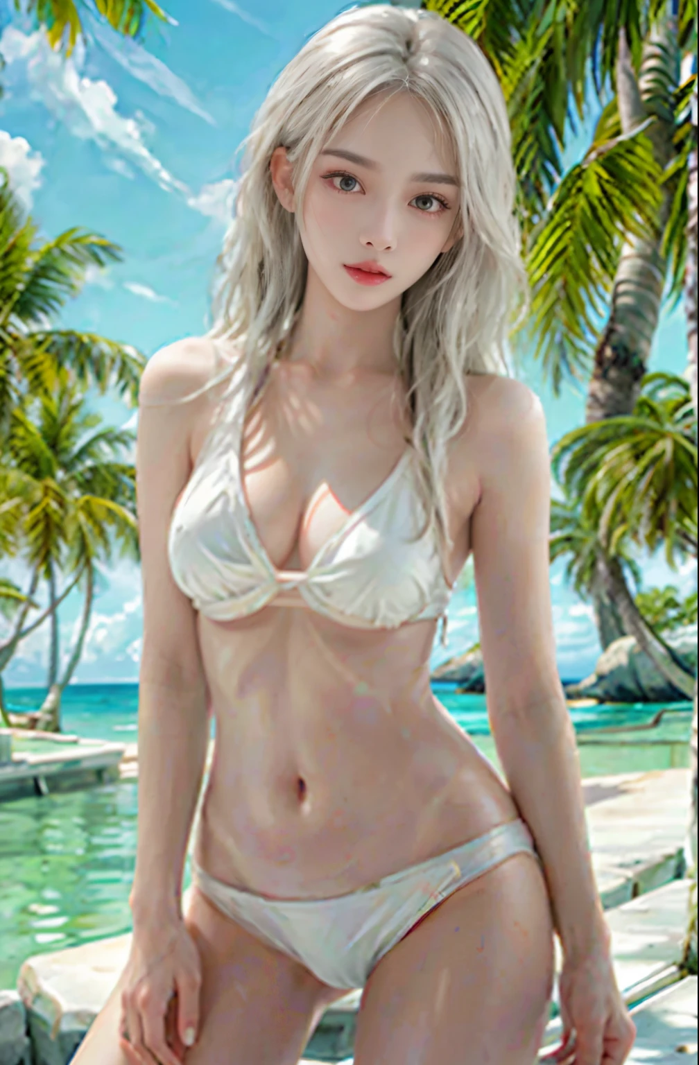 photorealistic, high resolution, 1women, solo, hips up, look at viewer, (detailed face), white hair, long hair, medium breasts, white bikini,alluring post, beach , summer sunlight, wet skin,