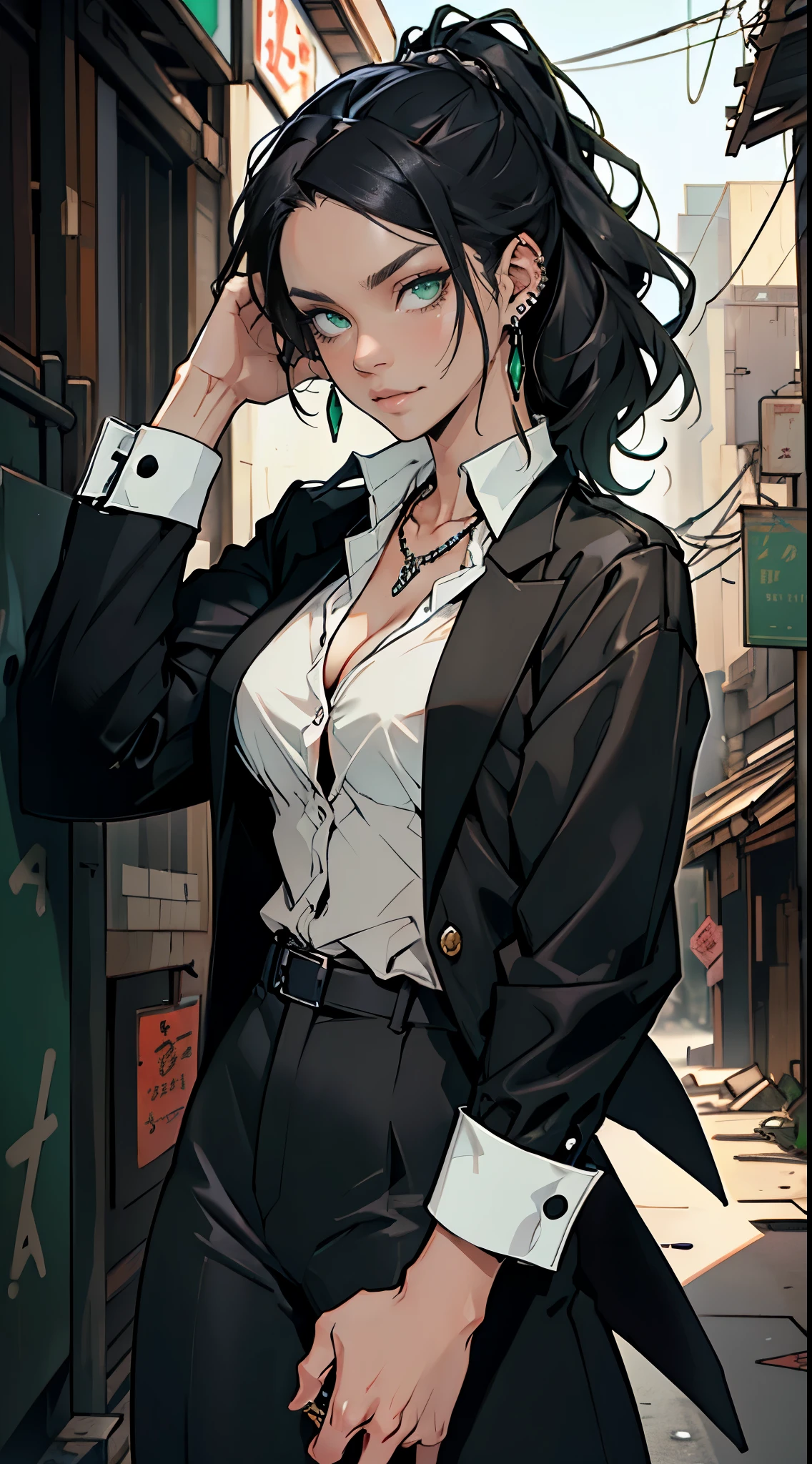 (masterpiece, best quality, highres, ultra-detailed), 1woman, long wave black hair, green eyes, handsome, detailed eyes and face, perfect body, earrings, ear piercing,  unbuttoned black blazer, white shirt, trousers, bare collarbones, chain necklace, city slums background, by amano akira