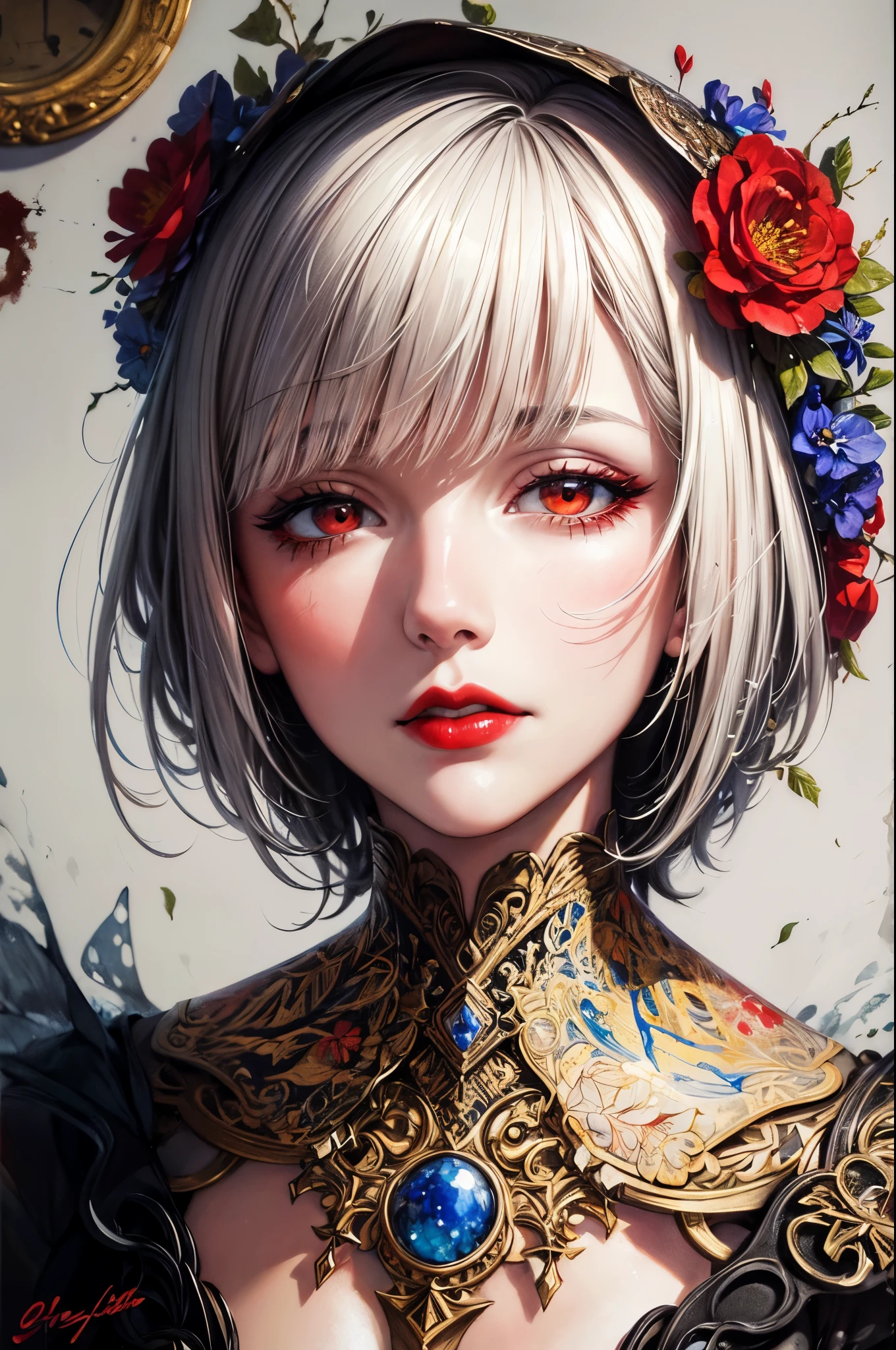 mixed media, oil painting, pen and ink, alcohol ink, white background, perfect double exposure technique, hyperdetailed, intricate, elegant lady, red lips, flowers, Callygraphy, lettering, script, thick Brushstrokes, palette-knife, smudge, splashes and splatters