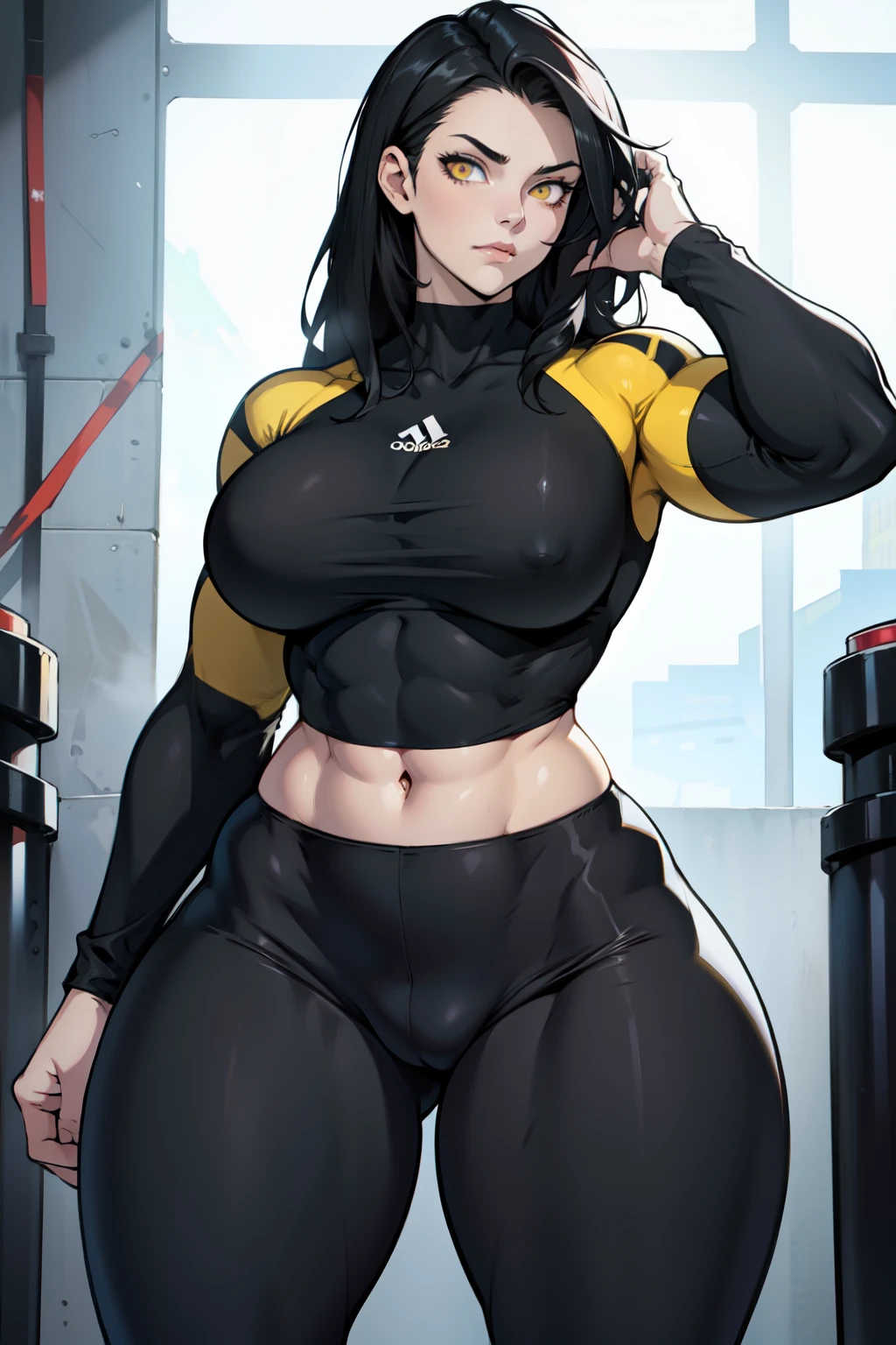 large breasts thin waist wide hips thick thighs muscular toned body curvy muscles thick pale skin black hair yellow eyes expressionless tight shirt leggings