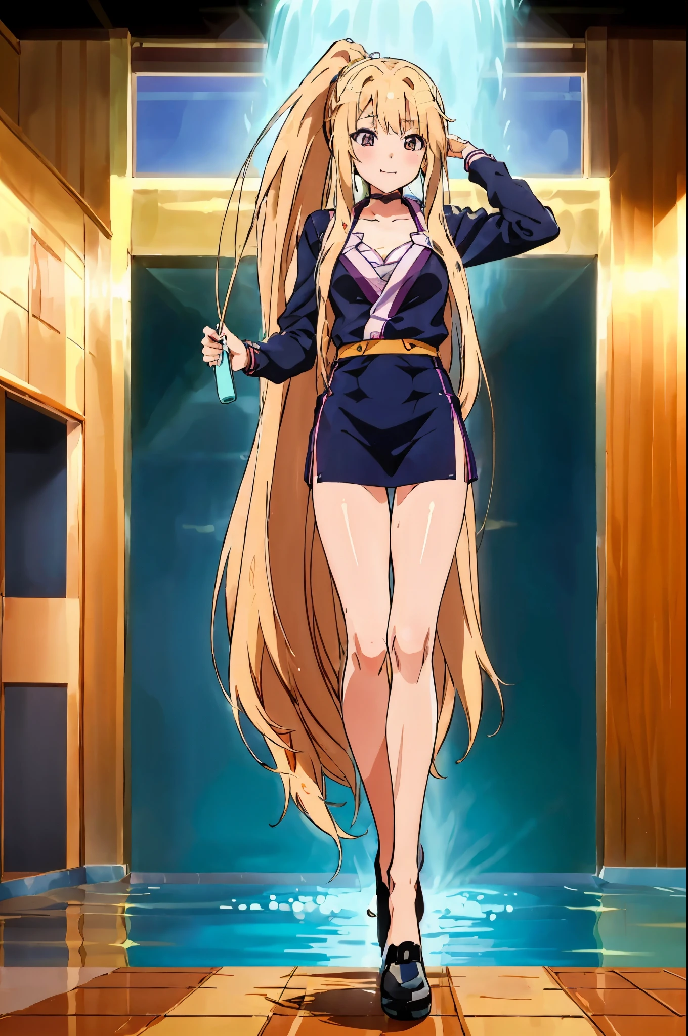 Cool girl，in the pool，swimming，washing her long hair，one very very long ponytail，super long hair，flip hair， 2D ，Japanese Anime， High School girl，Best quality, Full body photo。Clothed only in bikini，bigger，Double ponytail，female high-school student，Positive face，超級bigger