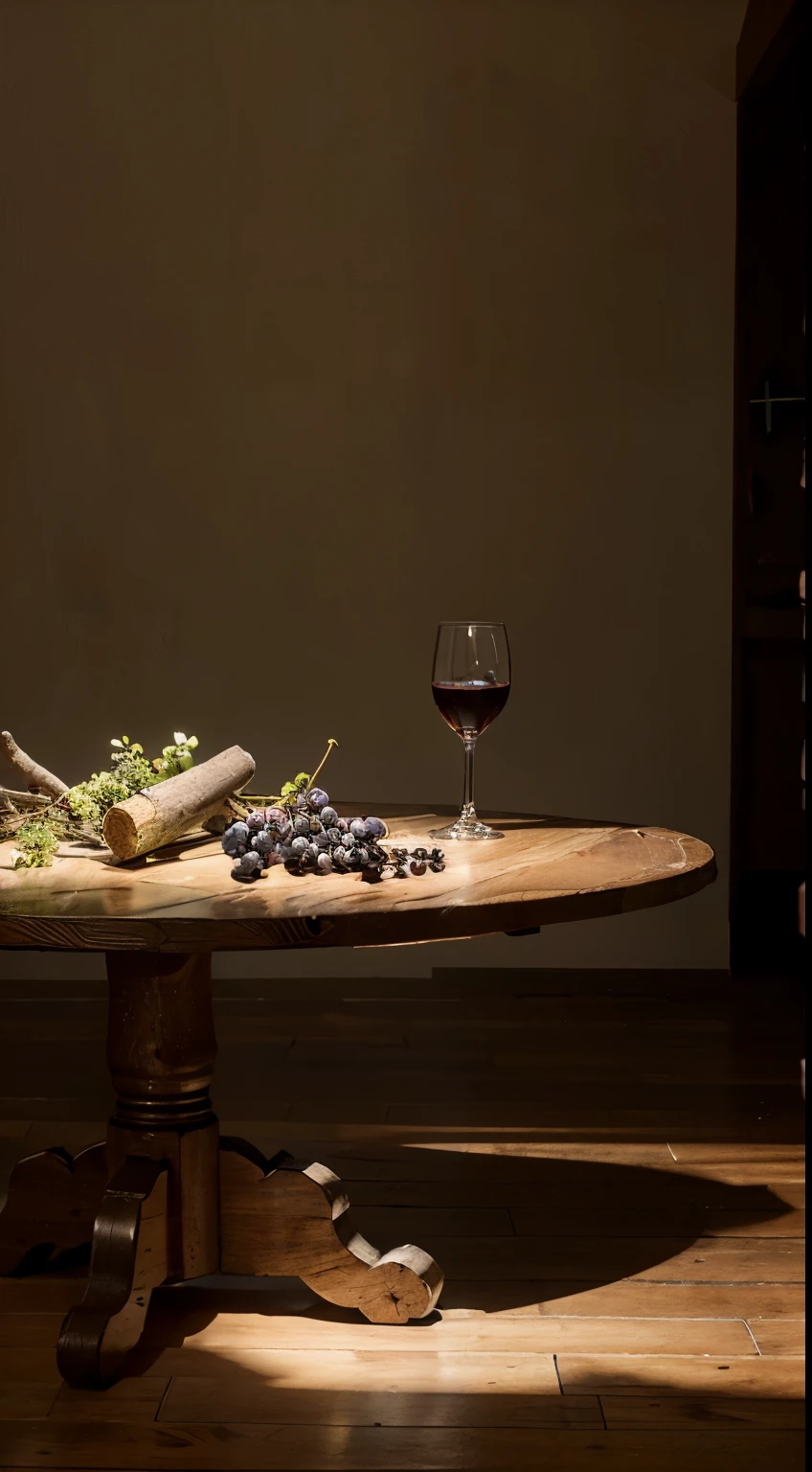 studio, Photography concept for black table, smokes, Old logs, Several bunches of grapes, Grape leaves, centered around a glass of wine，There were a few bottles of wine next to it, Light comes in from the left, Bright environment, Decorations to celebrate new year