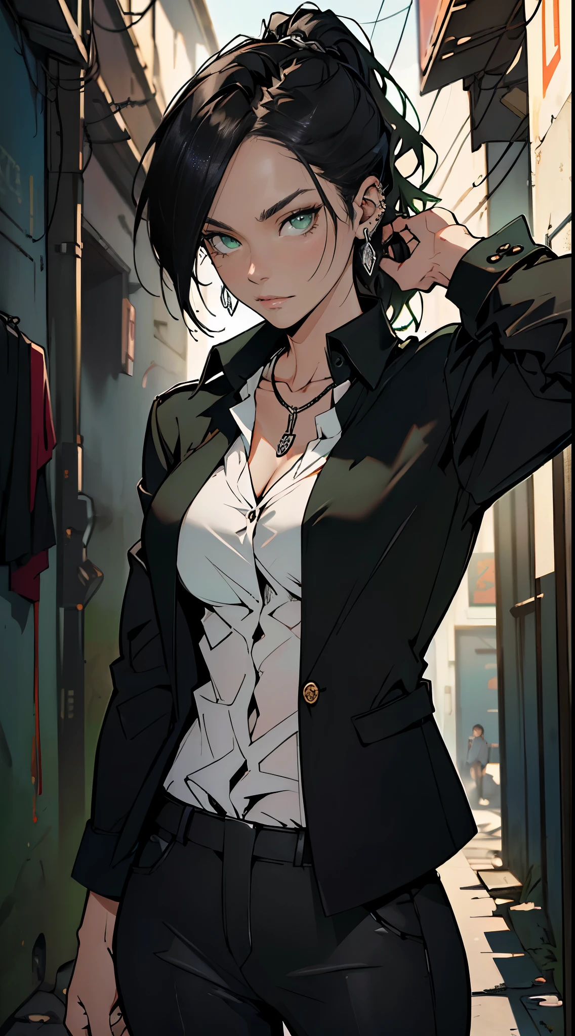 (masterpiece, best quality, highres, ultra-detailed), 1woman, long wave black hair, green eyes, handsome, detailed eyes and face, perfect body, earrings, ear piercing,  unbuttoned black blazer, white shirt, trousers, bare collarbones, chain necklace, city slums background, by amano akira