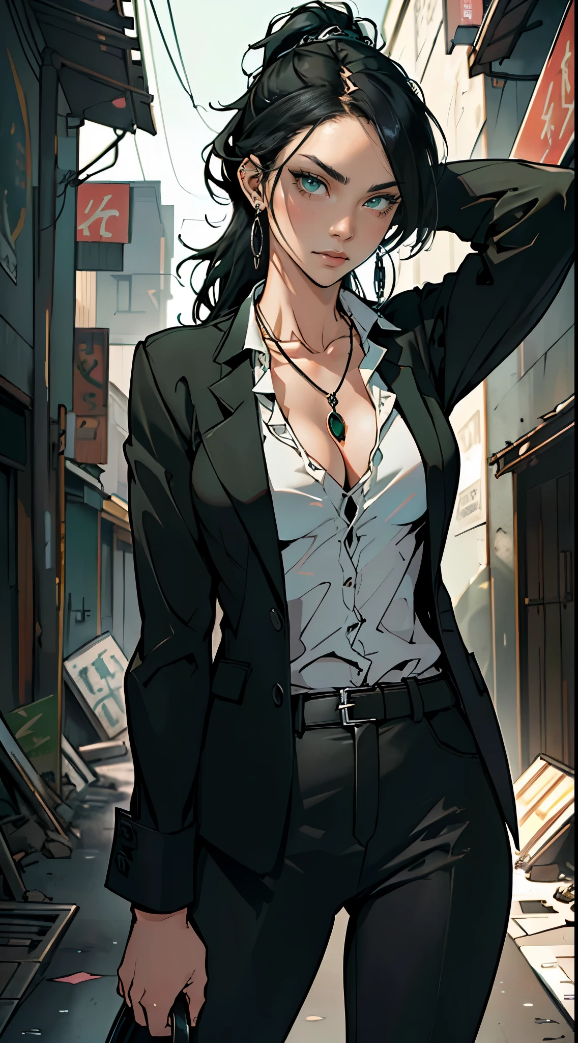 (masterpiece, best quality, highres, ultra-detailed), 1woman, long wave black hair, green eyes, handsome, detailed eyes and face, perfect body, earrings, ear piercing, unbuttoned black blazer, white shirt, trousers, bare collarbones, chain necklace, city slums background, by amano akira