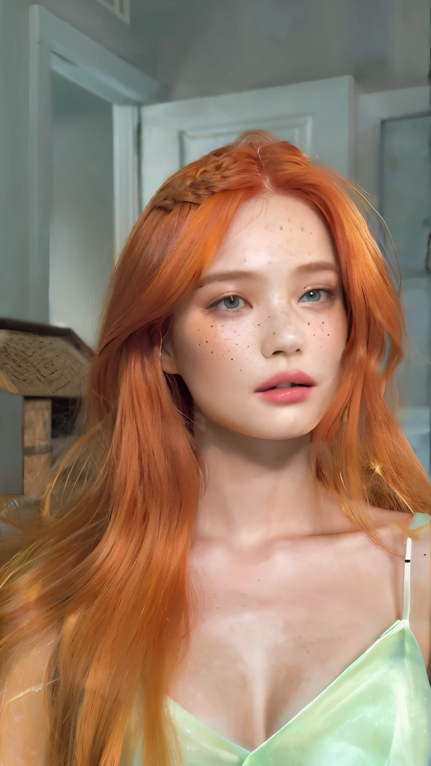 mulher arafada com cabelo ruivo e olhos azuis em um vestido verde, Ellie Bamber fairy, Ellie Bamber, flowing cabelo de gengibre, pia sadie, she has long redorange hair, cabelo de gengibre with freckles, cabelo de gengibre, longos cabelos ruivos brilhantes, red hair and attractive features, long orange hair, pele laranja e cabelo ardente longo, cabelo laranja brilhante, orange hair